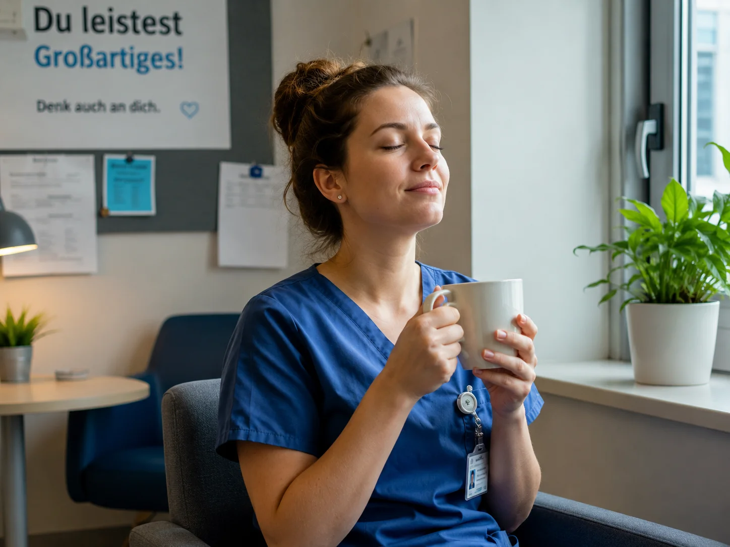 Symbolbild (KI-generiert): Pflegekraft beim Stressabbau nach dem Dienst