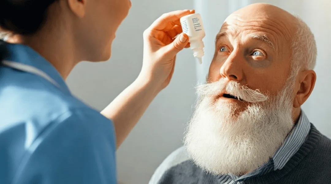 Pflegekraft verabreicht einer Seniorin Augentropfen