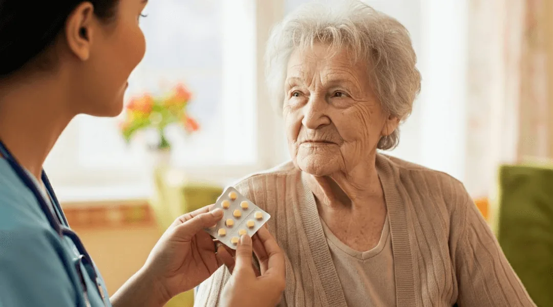 Pflegekraft reicht einer Seniorin die verordneten Medikamente