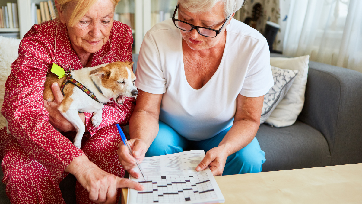 Zwei ältere Frauen sitzen zusammen auf einem Sofa und lösen gemeinsam ein Kreuzworträtsel. Eine der Frauen hält einen kleinen Hund auf dem Schoß.