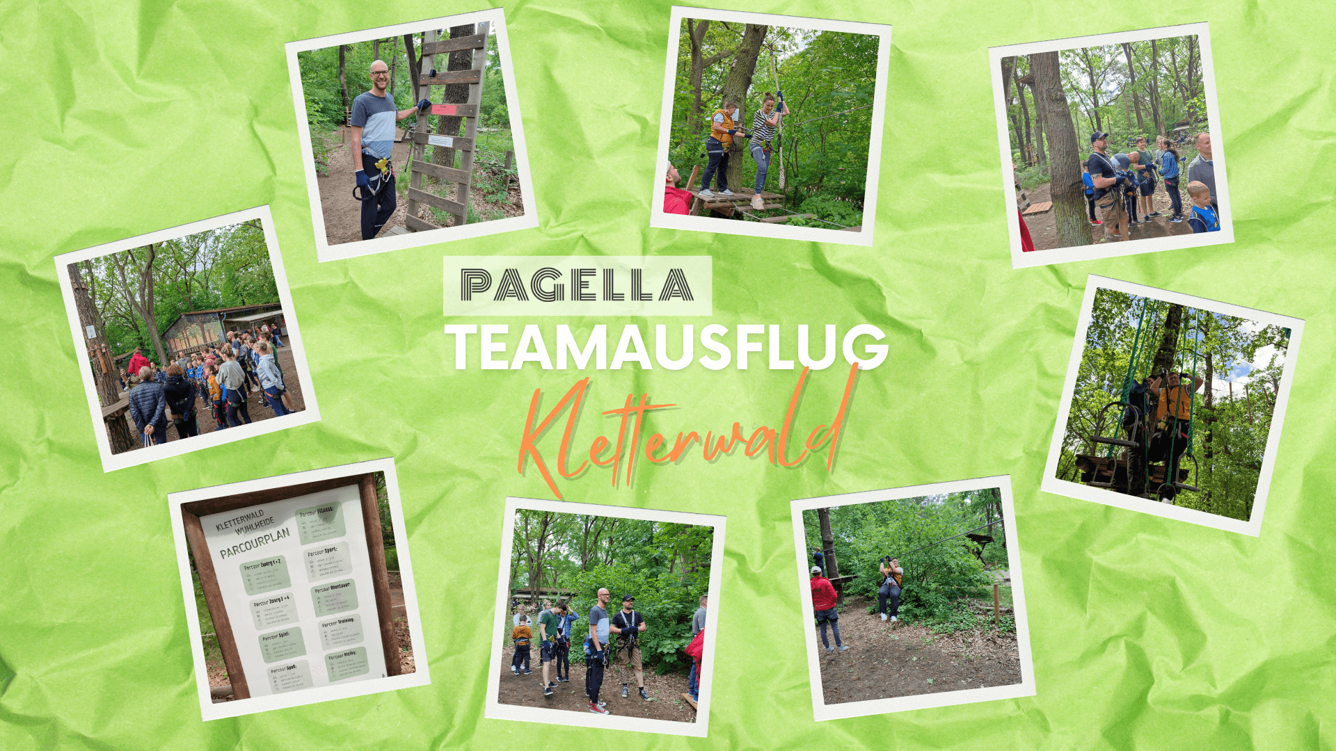 Collage von Bildern des Pagella Pflegedienst Teams beim Teamausflug im Kletterwald, bei dem verschiedene Herausforderungen und Teamaktivitäten gemeistert werden.