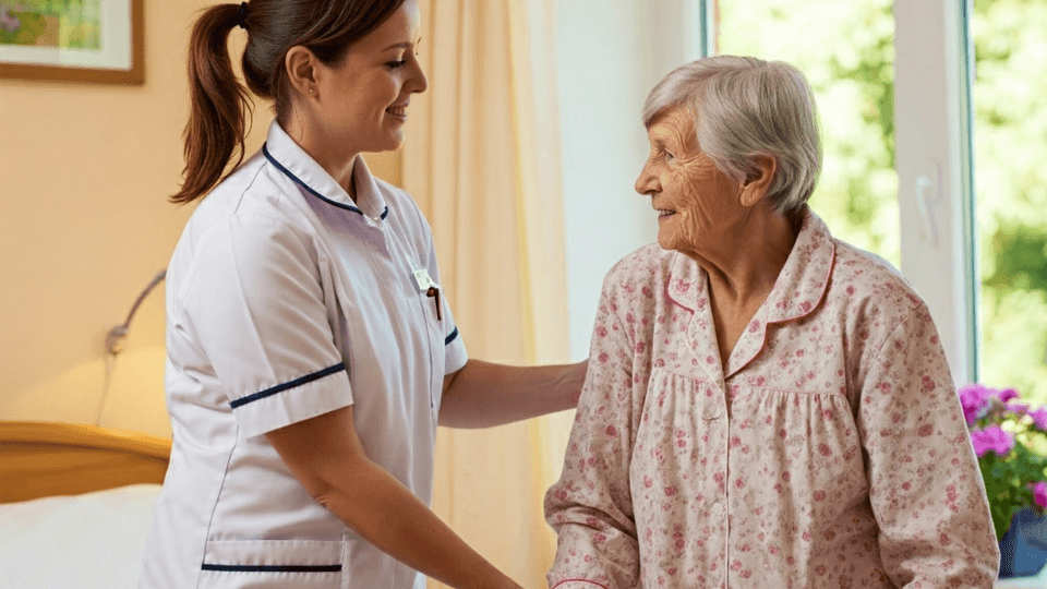 Pflegekraft hilft einer Seniorin beim Aufstehen